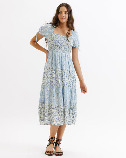 Downeast Fresh Bouquet Dress, a floral dress with a flowy silhouette, perfect for spring and summer occasions.