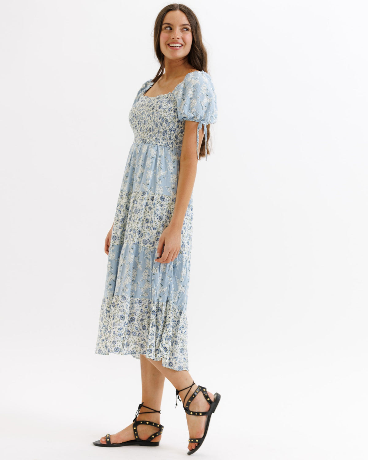 Downeast Fresh Bouquet Dress with floral print, lightweight fabric, and sleeveless design, perfect for warm weather.