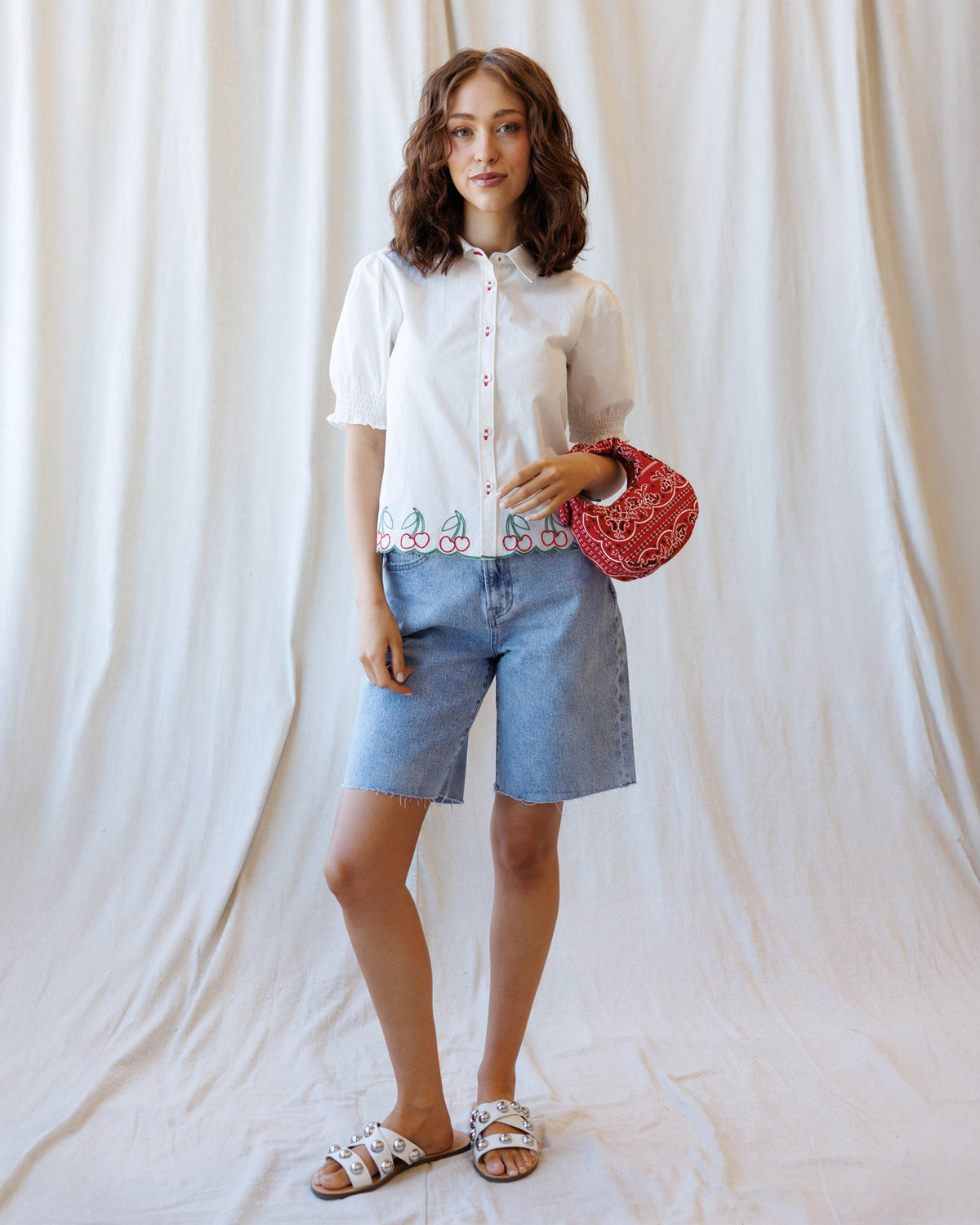 Cherry Cute Button Down top by Downeast, featuring a charming cherry print and classic button-up design, perfect for casual wear.