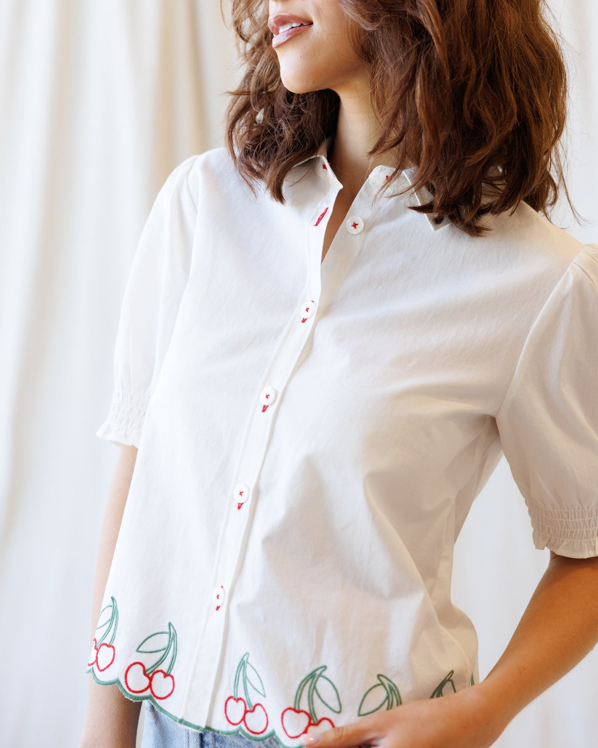 Downeast Cherry Cute Button Down top, lightweight blouse with cherry print and long sleeves, casual women's fashion.