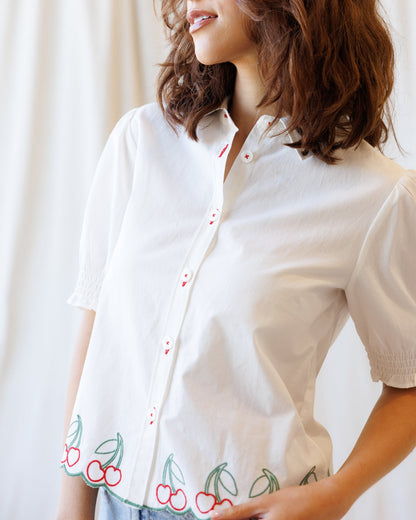 Downeast Cherry Cute Button Down top, lightweight blouse with cherry print and long sleeves, casual women's fashion.
