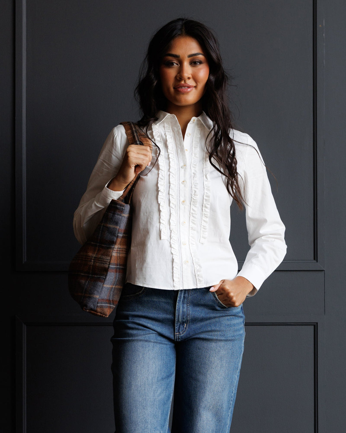 Downeast Signature tuxedo button-down top, long sleeve shirt with classic collar and tailored fit, in black.