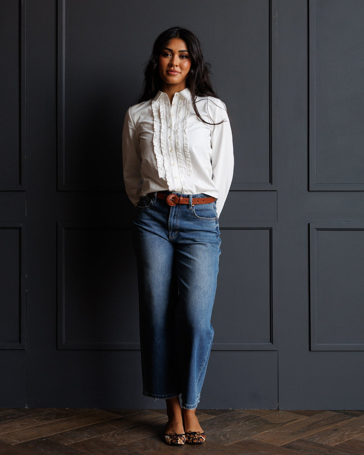 Downeast Signature Tuxedo Button Down top with long sleeves and classic collar, displayed on a neutral background.