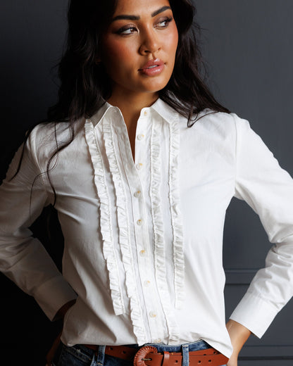 Downeast Signature Tuxedo Button Down top, men's formal shirt with a crisp collar and front buttons, in a sleek black fabric.