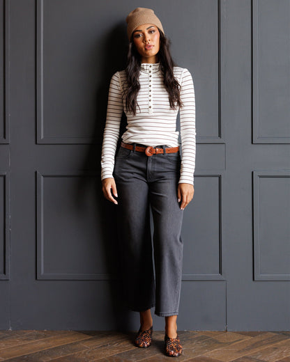 Downeast mock neck Henley top featuring a fitted design with long sleeves and a buttoned placket, in a soft, comfortable fabric.