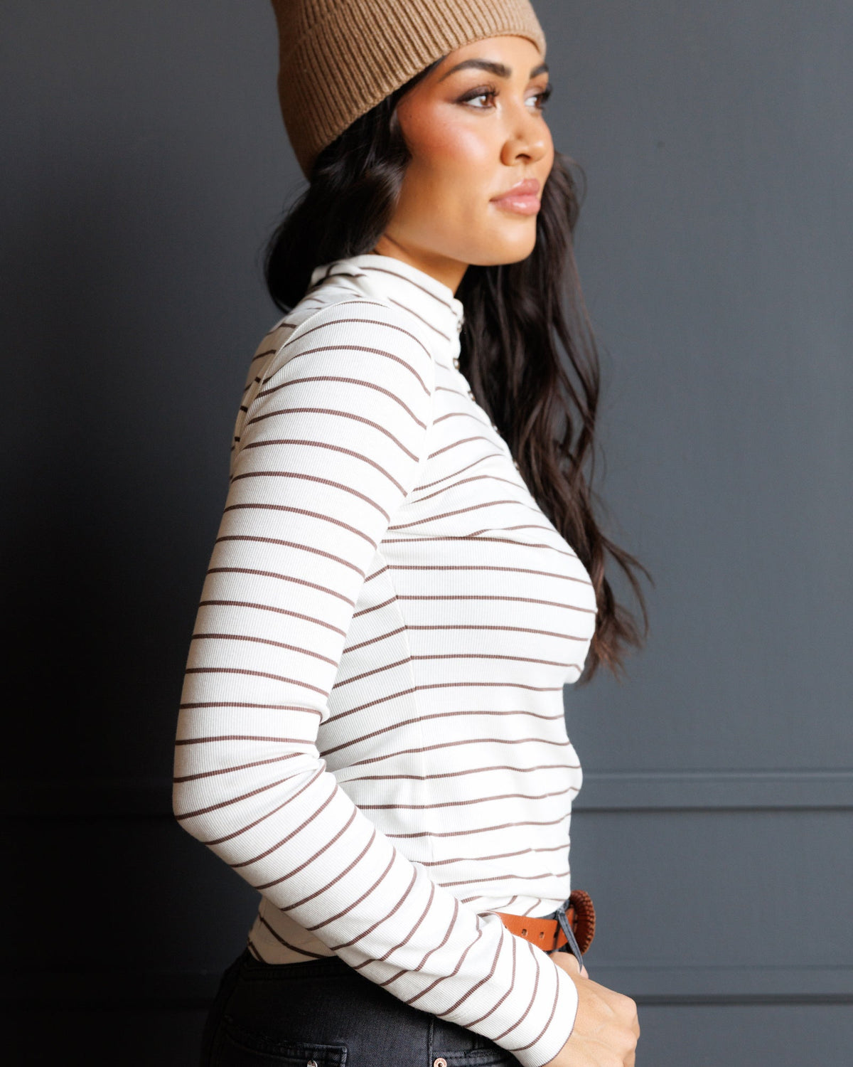 Downeast mock neck Henley top featuring a classic fit, long sleeves, and a buttoned placket, in a versatile, solid color.