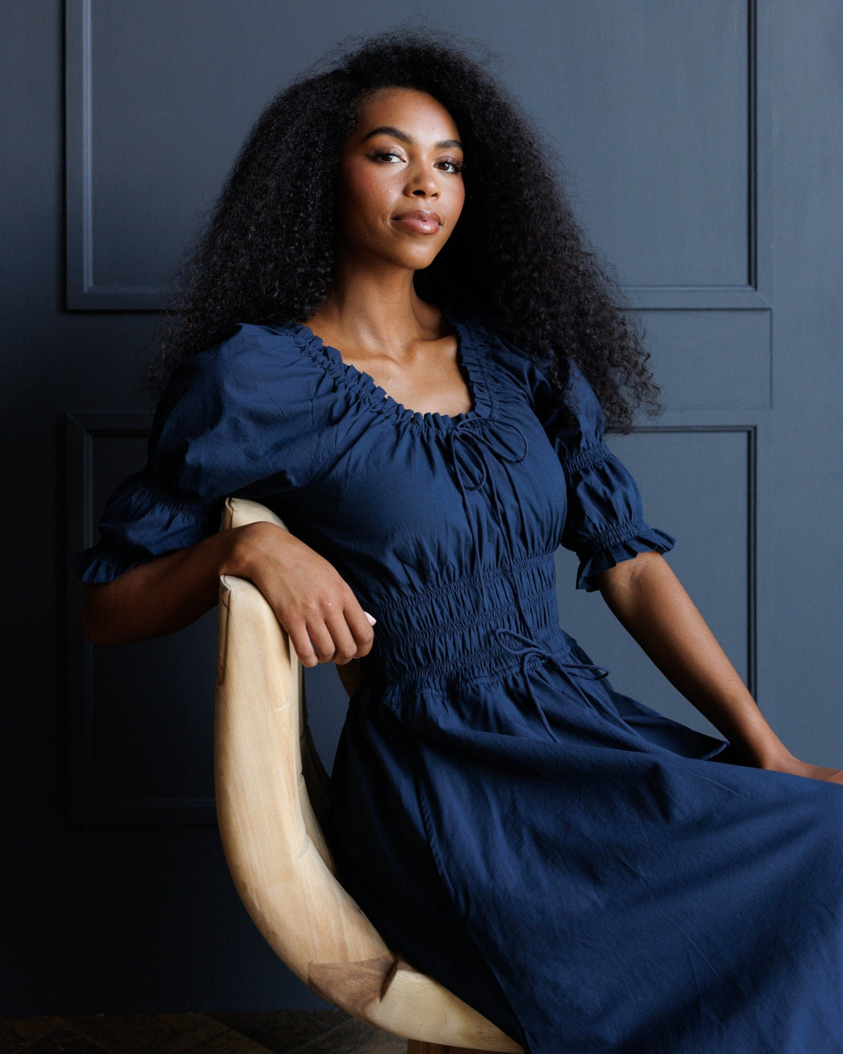 Downeast Long Way Home Dress in blue nights, a stylish women's dress with a flowing silhouette and subtle pattern.
