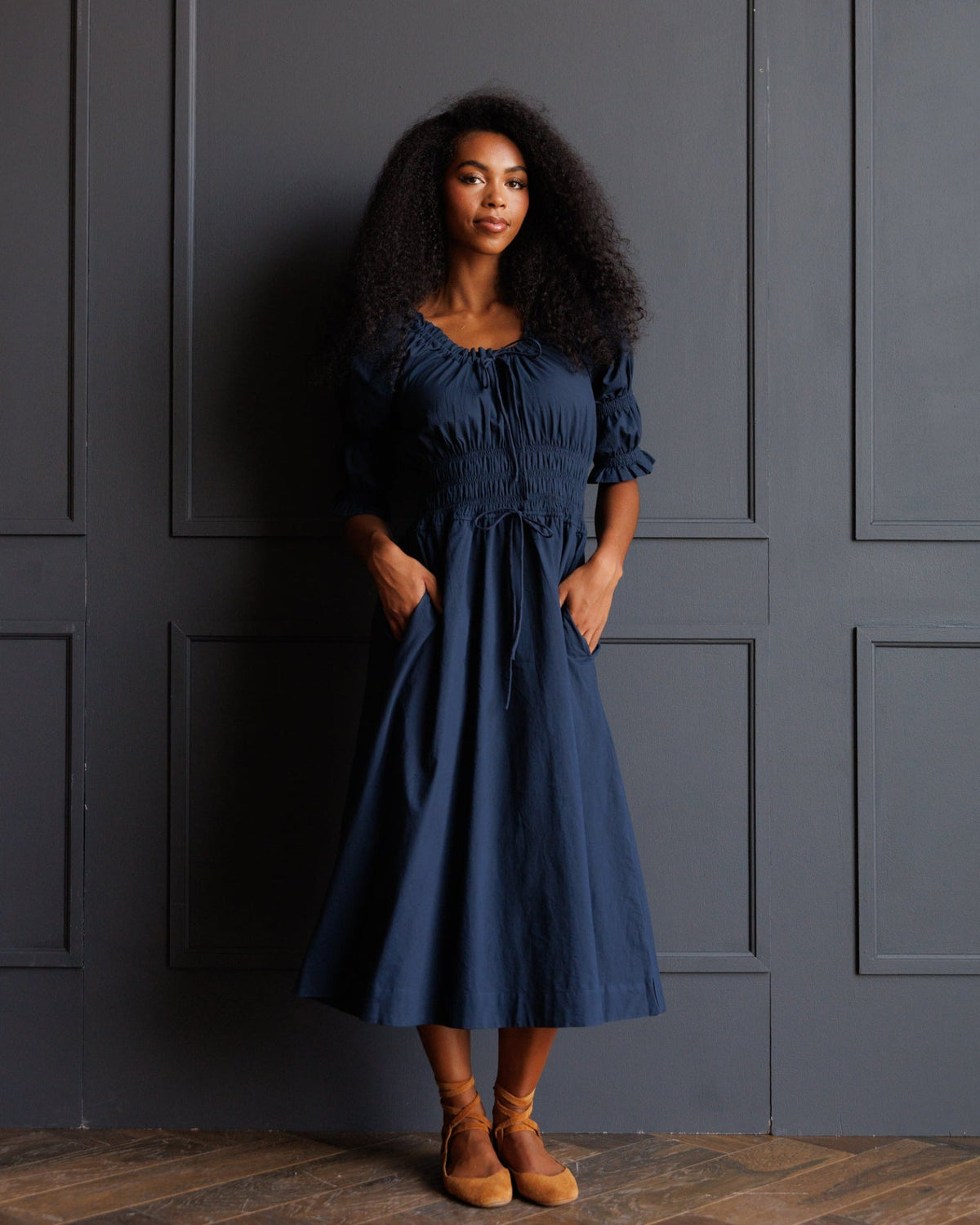 Downeast Long Way Home Dress in blue nights, stylish women's dress with flowing fabric and elegant design.