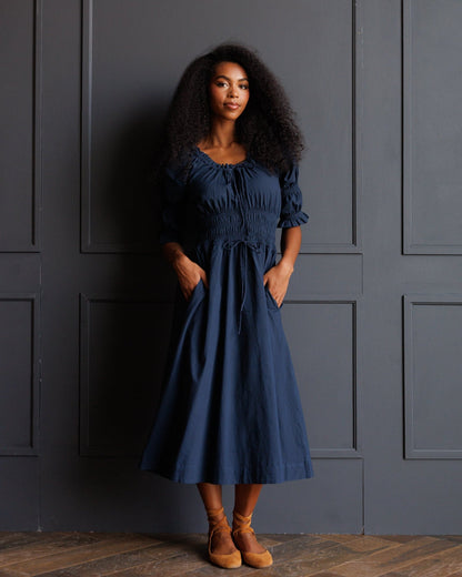 Downeast Long Way Home Dress in blue nights, stylish women's dress with flowing fabric and elegant design.