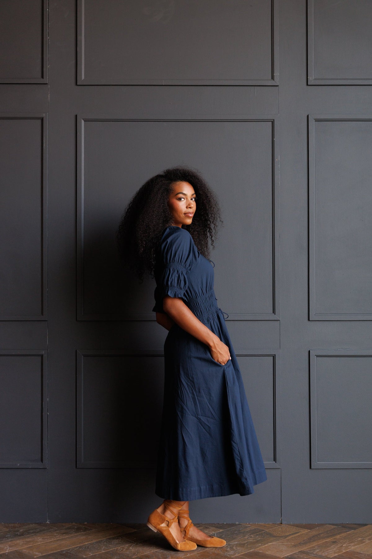 Downeast Long Way Home Dress in Blue Nights, lightweight and flowing dress with a relaxed fit and elegant design.