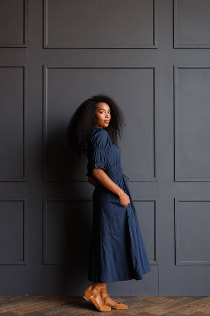 Downeast Long Way Home Dress in Blue Nights, lightweight and flowing dress with a relaxed fit and elegant design.