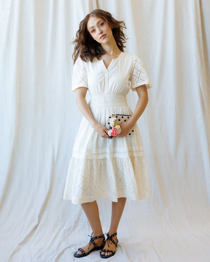 Downeast Icon Demi Lace Dress displayed on model, showcasing elegant lace details and feminine fit for stylish occasions.
