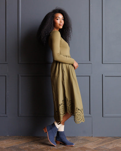 Downeast embroidered hybrid dress with floral patterns, sleeveless design, and intricate embroidery details on light fabric.
