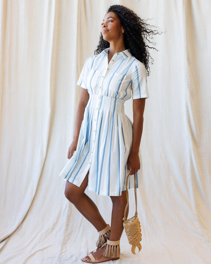 Downeast Seaside Stripe Dress with blue and white horizontal stripes, sleeveless design, and a flowy summer style.