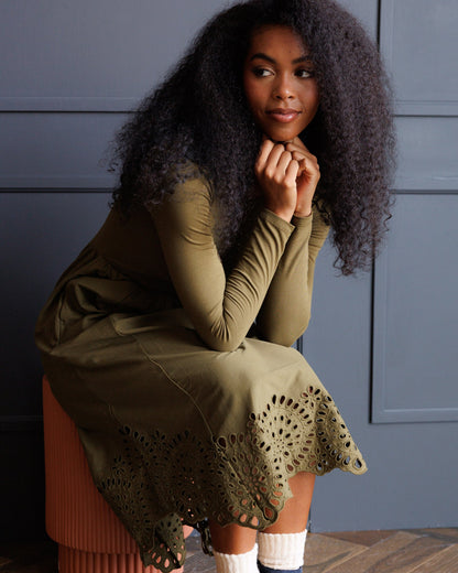 Downeast embroidered hybrid dress featuring intricate floral embroidery, lightweight fabric, and stylish design.