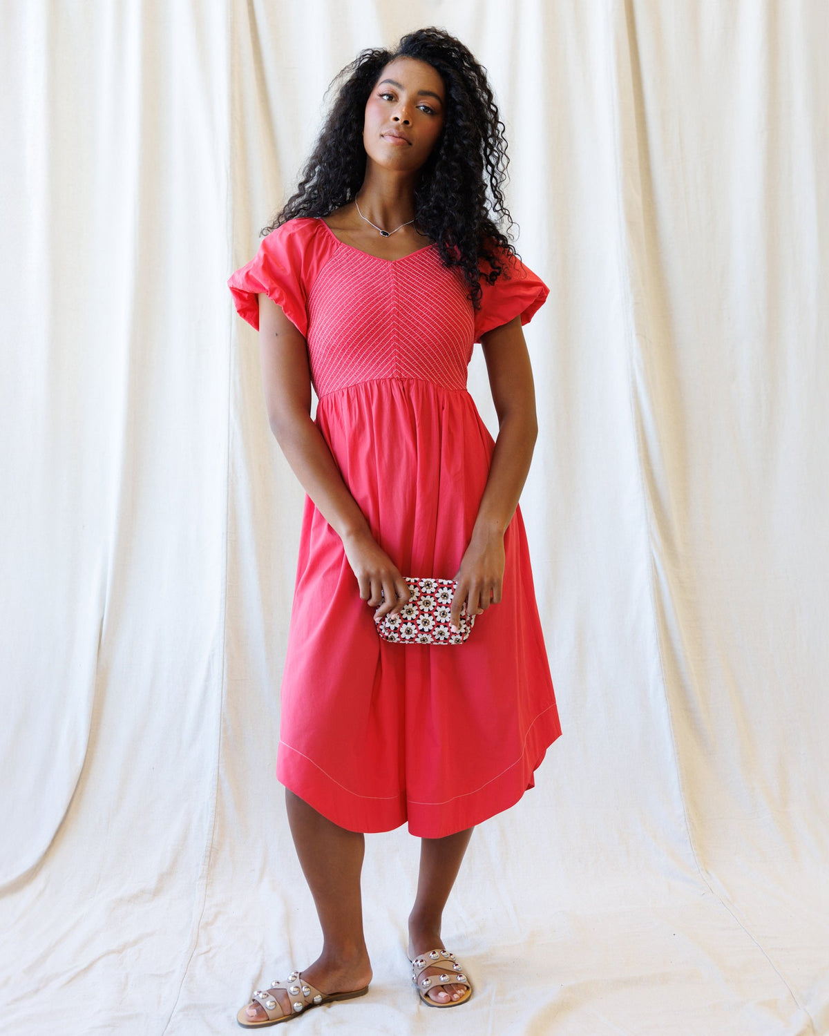 Downeast One Fine Day Dress, lightweight floral dress with ruffled sleeves and cinched waist, perfect for casual summer wear.
