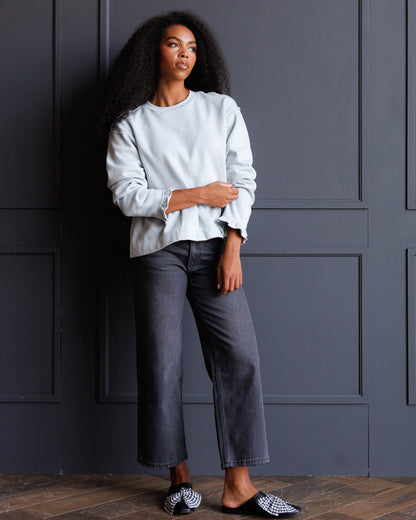 Downeast Country Peplum Crew top, lightweight casual blouse with a relaxed fit and peplum detail, in a neutral color.