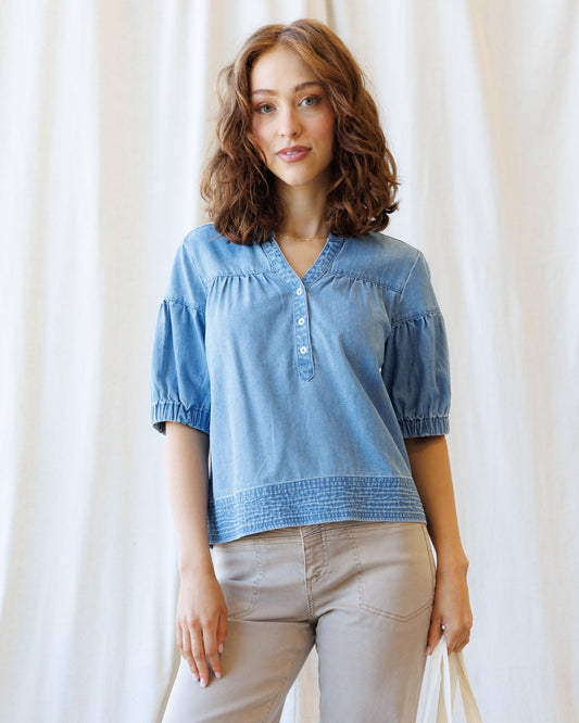 Downeast Portside Chambray Popover top, lightweight blue chambray fabric, casual button-up shirt with collar and long sleeves.