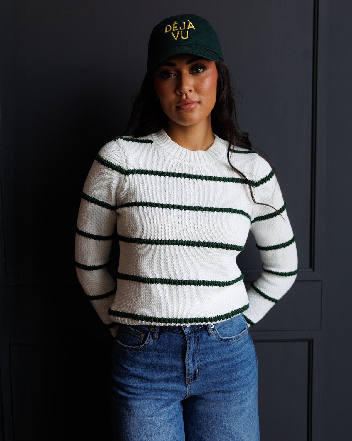 Downeast Stitch Stripe Crew sweater featuring a cozy knit with colorful stripe pattern, long sleeves, and ribbed cuffs.