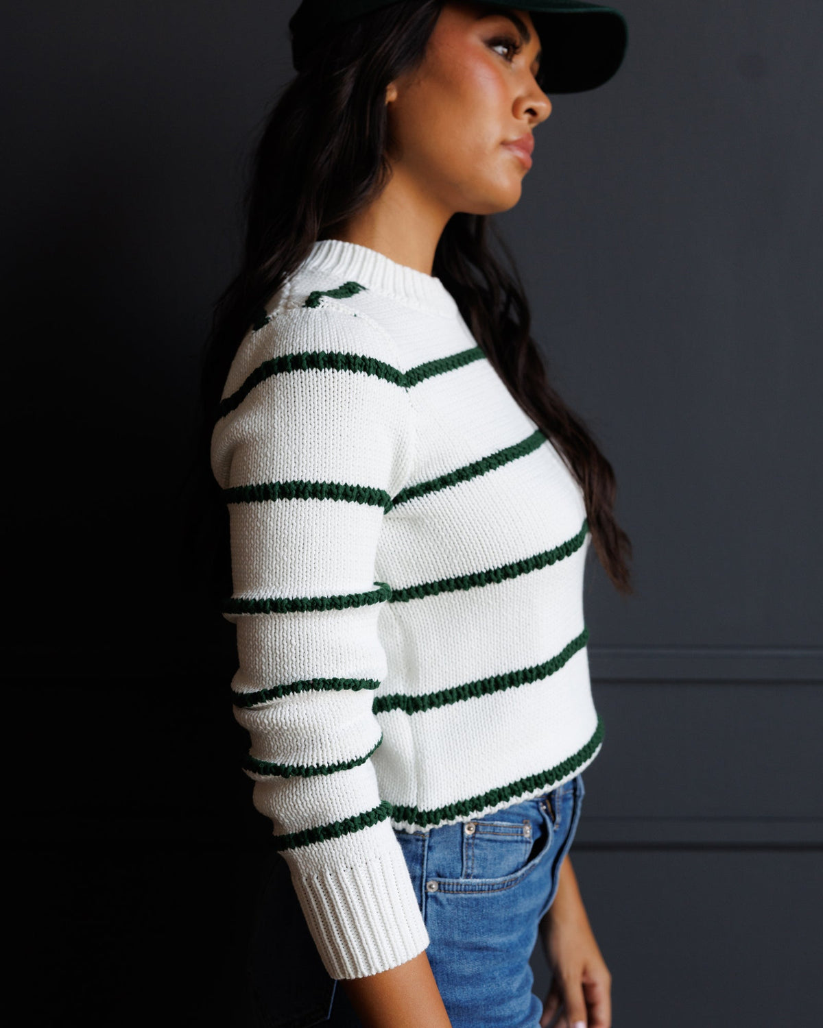 Downeast Stitch Stripe Crew sweater featuring a cozy knit design with colorful stripe pattern and ribbed cuffs.