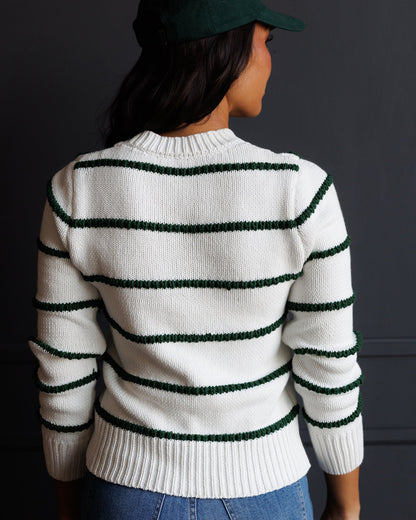 Downeast Stitch Stripe Crew sweater featuring a cozy knit design with multicolor stripes and a classic crew neckline.