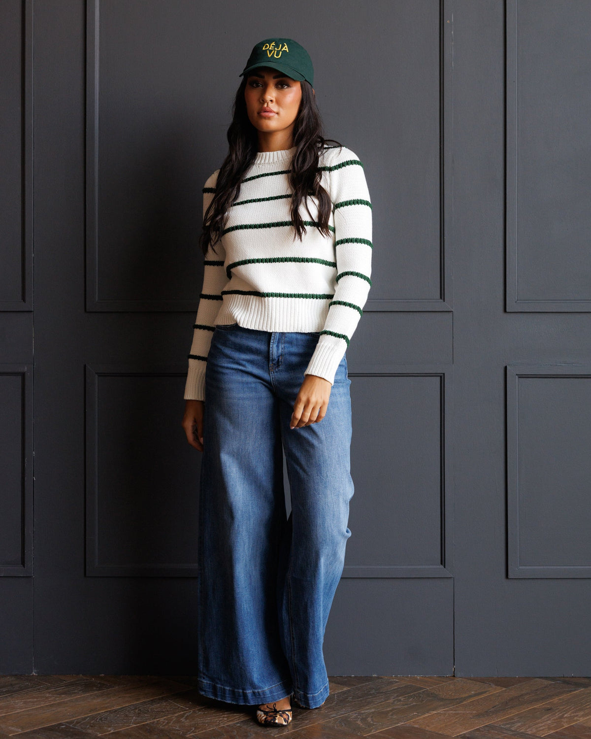 Downeast Stitch Stripe Crew sweater in cozy knit with colorful stripe pattern, long sleeves, and ribbed cuffs.