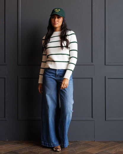 Downeast Stitch Stripe Crew sweater in cozy knit with colorful stripe pattern, long sleeves, and ribbed cuffs.