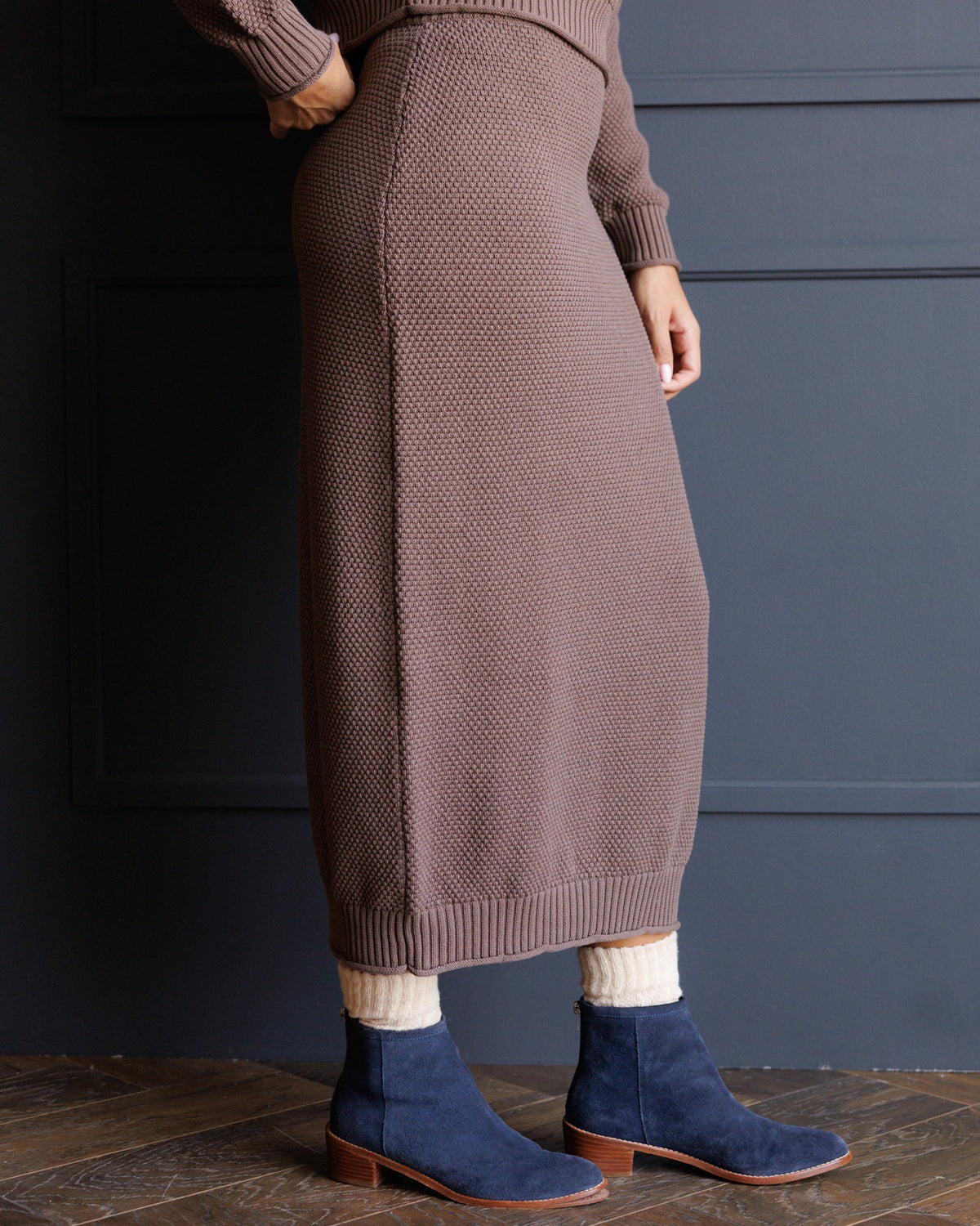 Downeast Carpe Diem skirt in a flowing fabric, shown in a full-length view with a fitted waist and stylish design.