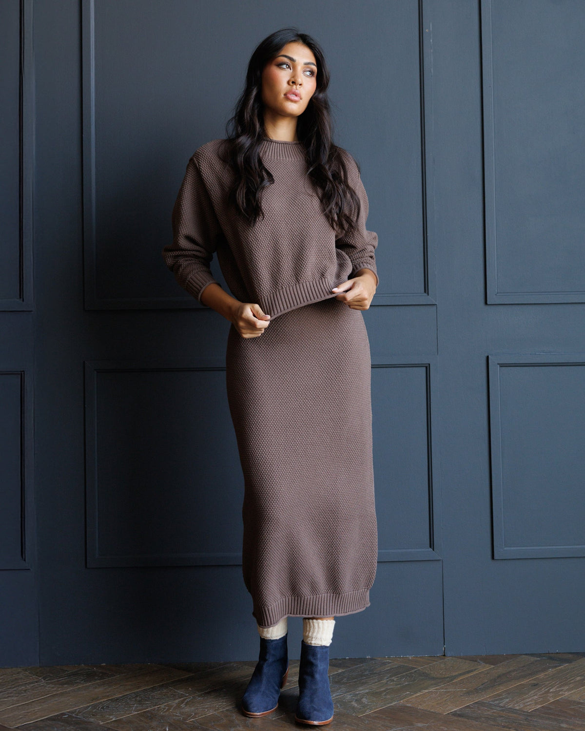 Downeast Carpe Diem sweater, cozy knit sweater with a relaxed fit and printed design, shown on a mannequin.