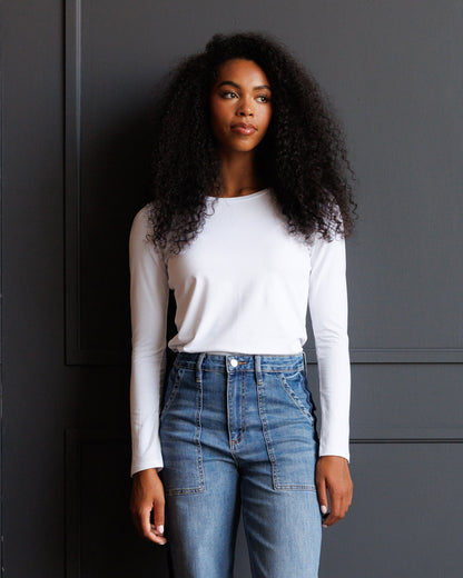 Downeast Essential Long Sleeve Tee in soft fabric, shown in a neutral color, featuring a classic fit and simple crew neckline.