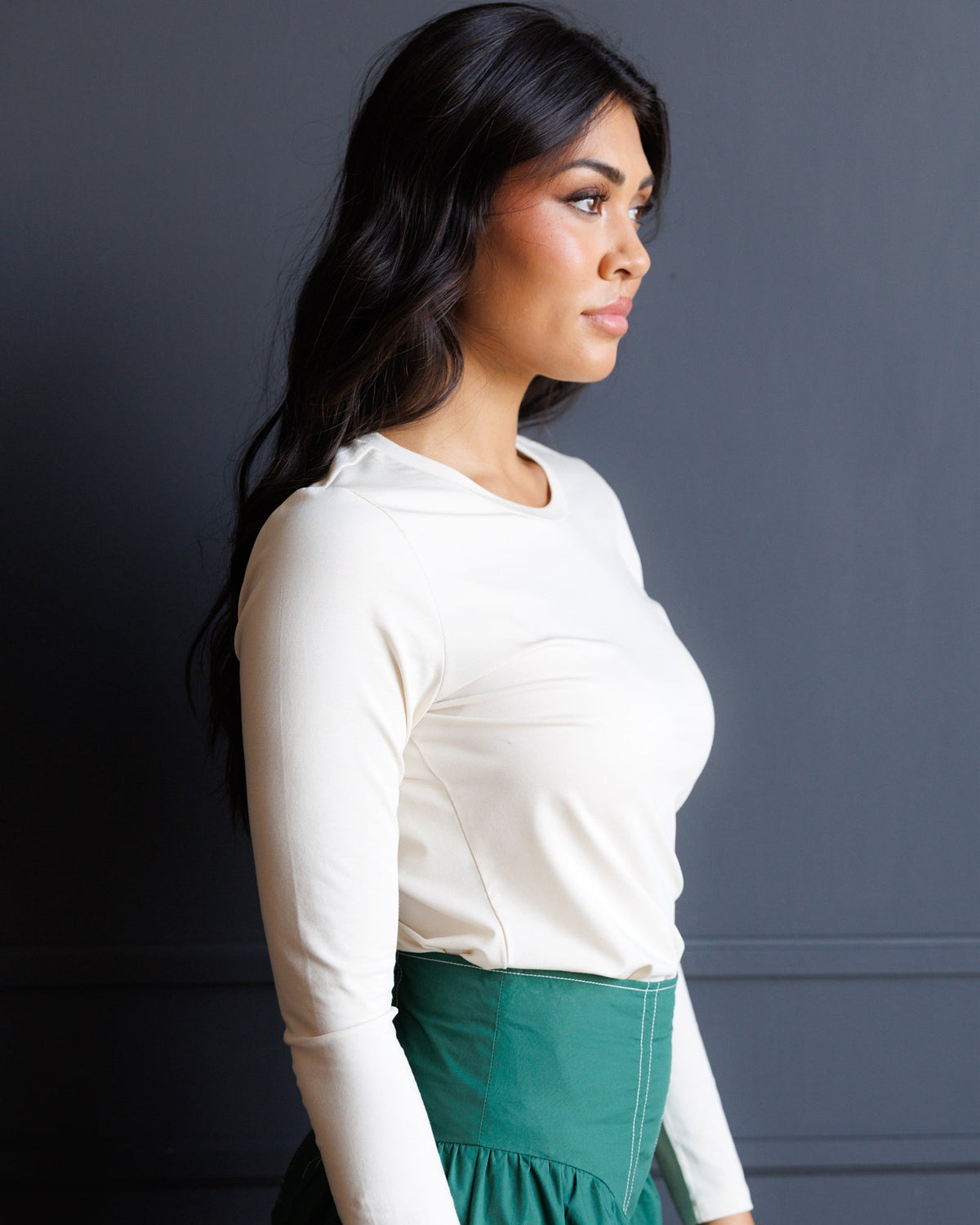 Downeast Essential Long Sleeve Tee in soft fabric, shown in a neutral color, with a classic crew neckline and relaxed fit.