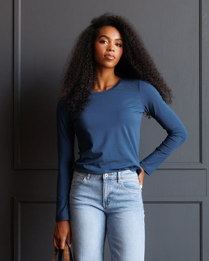 Downeast Essential Long Sleeve Tee in soft fabric, featuring a classic fit and crew neckline, displayed on a neutral background.