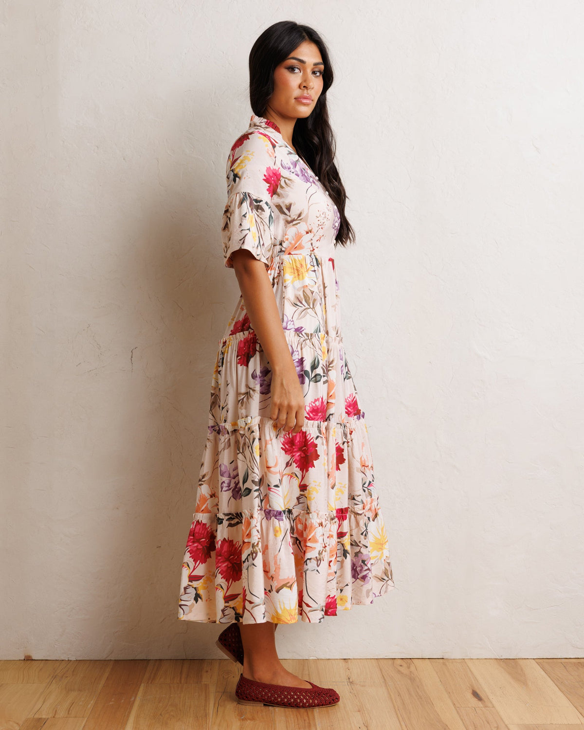 Downeast Mcintosh Maxi Dress with floral pattern, flowing fabric, and sleeveless design, perfect for casual or summer wear.