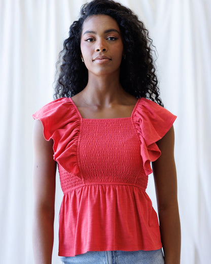 Downeast Sol Mate top, casual women's sleeveless blouse in soft fabric with a relaxed fit, displayed on a hanger.