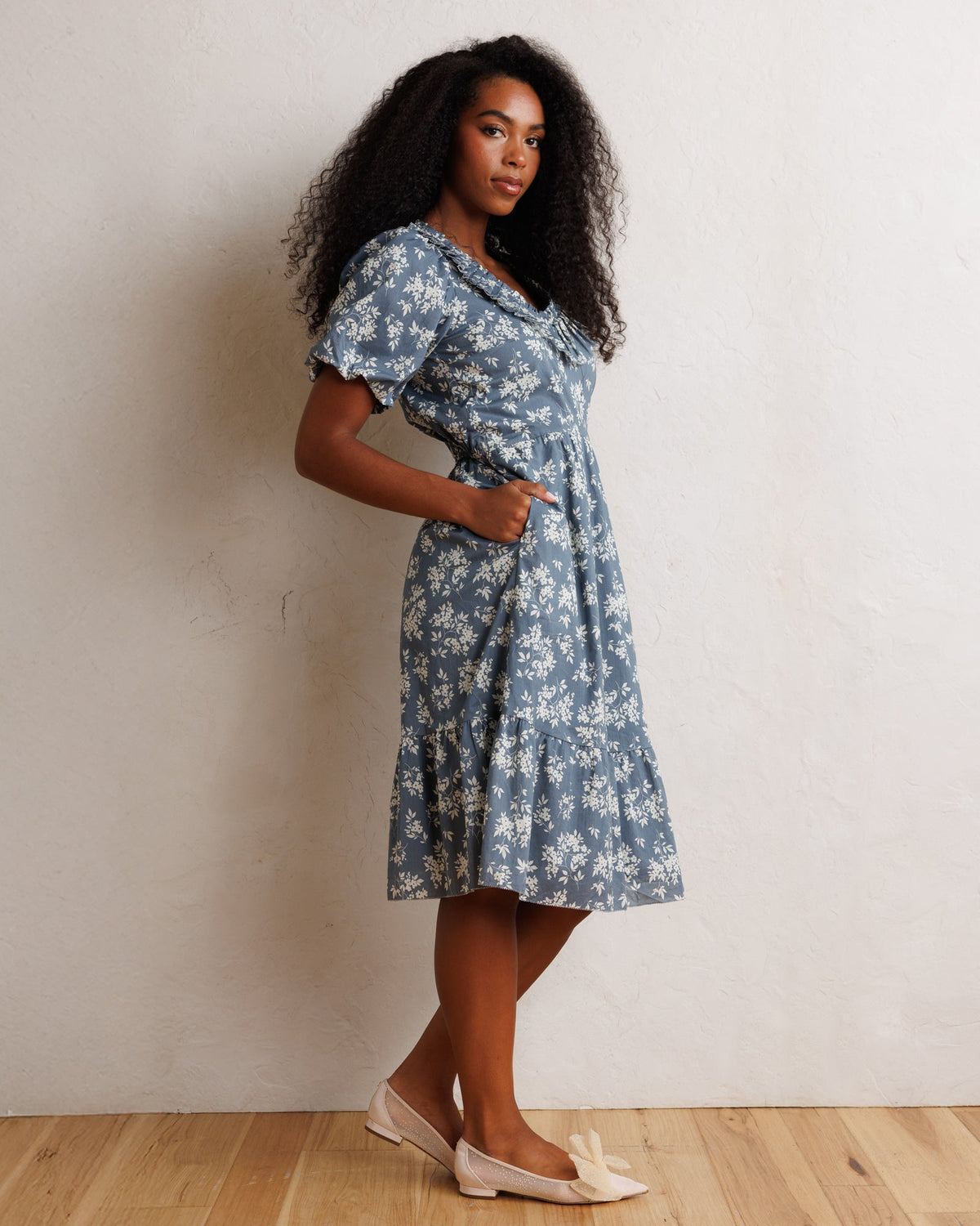 Downeast Heritage Beauty Dress in floral print, lightweight fabric, with a fitted waist and flowing skirt, perfect for casual wear.
