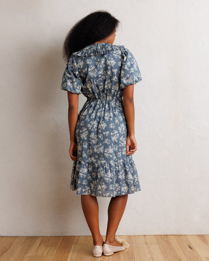 Downeast Heritage Beauty Dress in soft fabric with floral pattern, featuring a fitted bodice and flowing skirt.