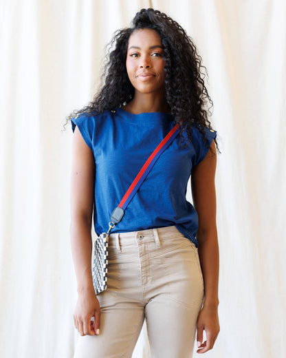 Downeast Bar Harbor top, light and casual women's blouse with short sleeves and a relaxed fit, shown on a model.
