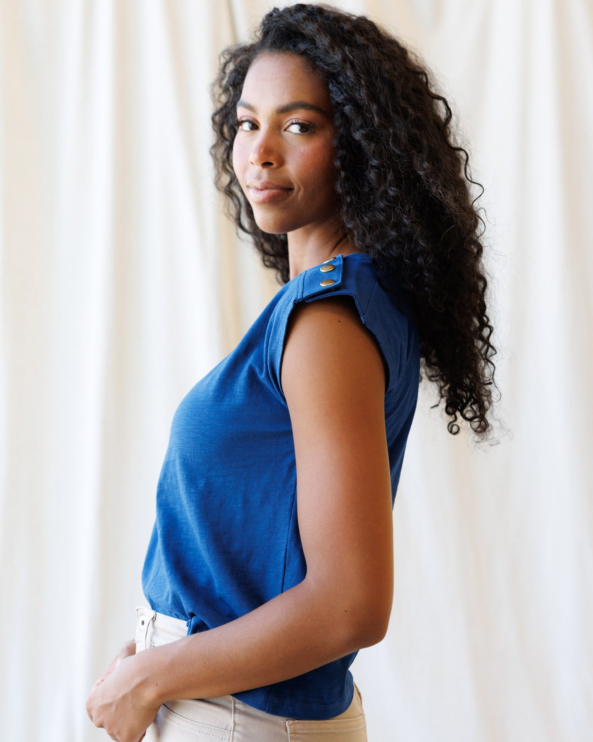Downeast Bar Harbor top in soft fabric, featuring a relaxed fit, scoop neckline, and short sleeves on a neutral background.