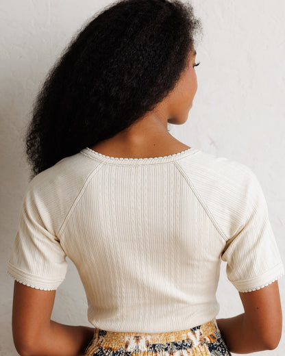Downeast Pointelle Pretty Top, lightweight knit blouse with delicate openwork details, long sleeves, and feminine fit.