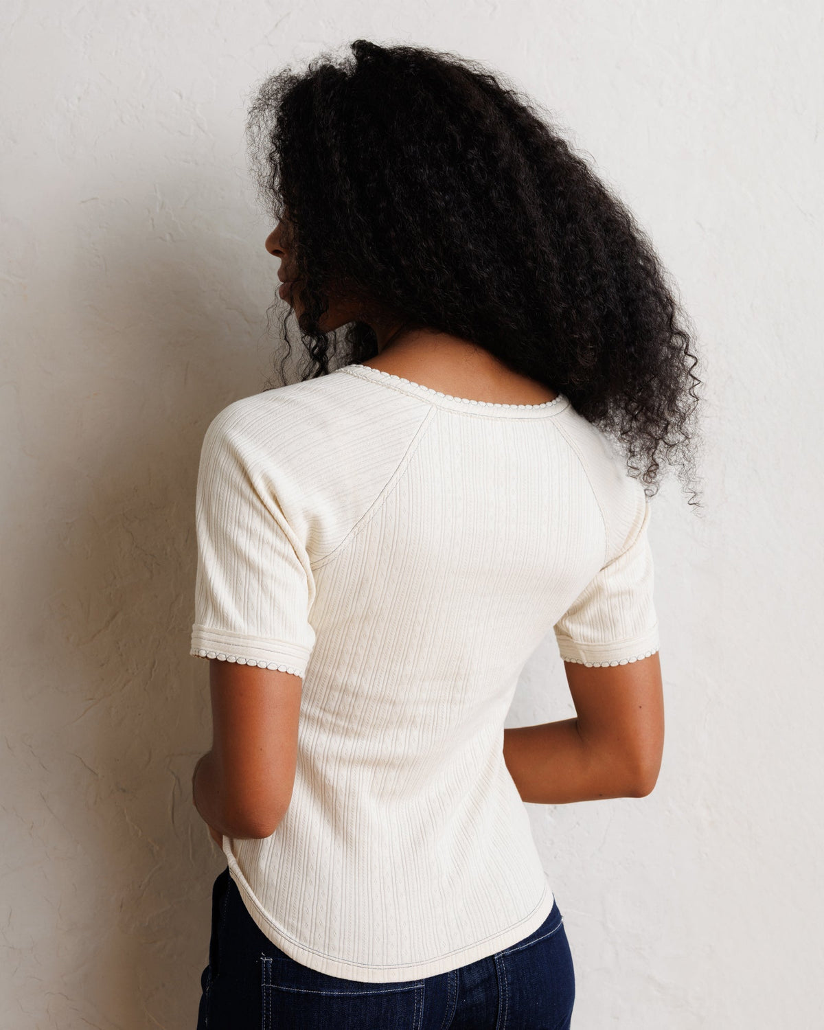 Downeast Pointelle Pretty Top, stylish women's short-sleeve blouse with delicate knit pattern and feminine design.