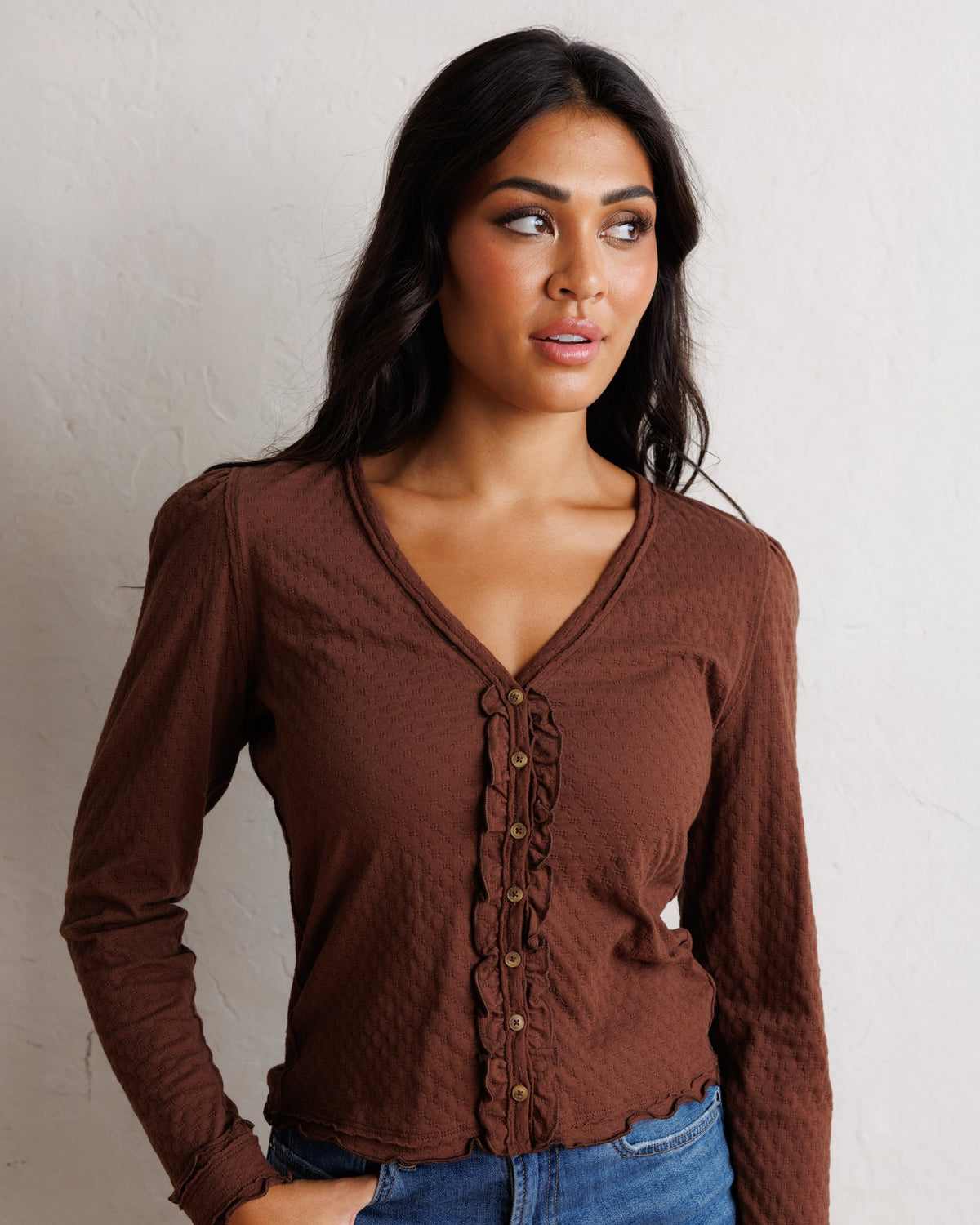 Downeast Carry On Cardi, cozy knit top in soft fabric, featuring a relaxed fit and button-front design.