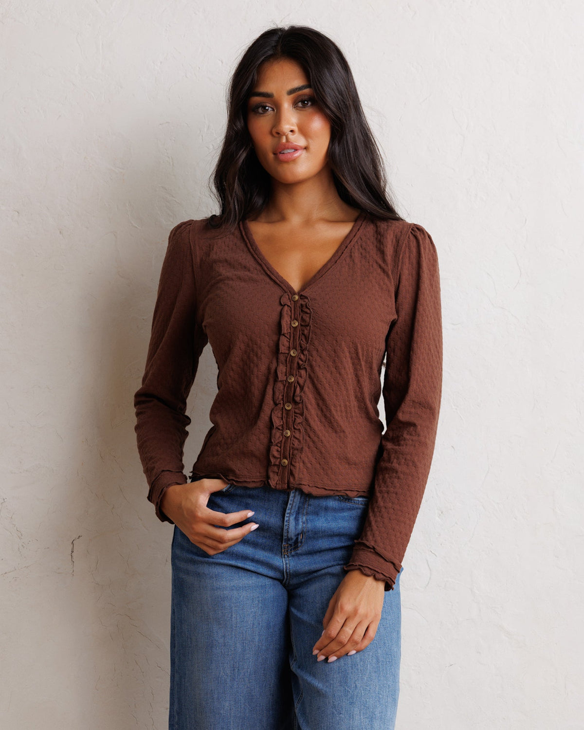 Downeast Carry On Cardi, a stylish women's top in soft knit fabric with long sleeves and a cozy, versatile design.