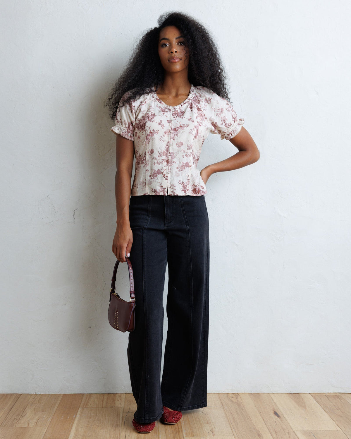 Downeast La Vie En Rose top, lightweight blouse with floral pattern and long sleeves, perfect for casual or semi-formal wear.