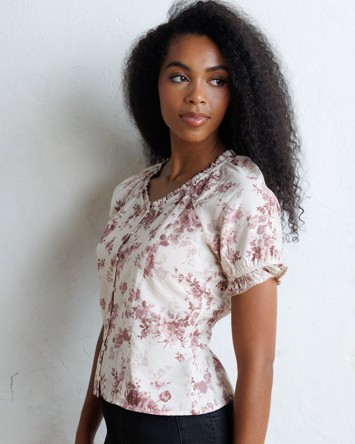 Downeast La Vie En Rose top featuring a floral design, lightweight fabric, and a relaxed fit, perfect for casual wear.