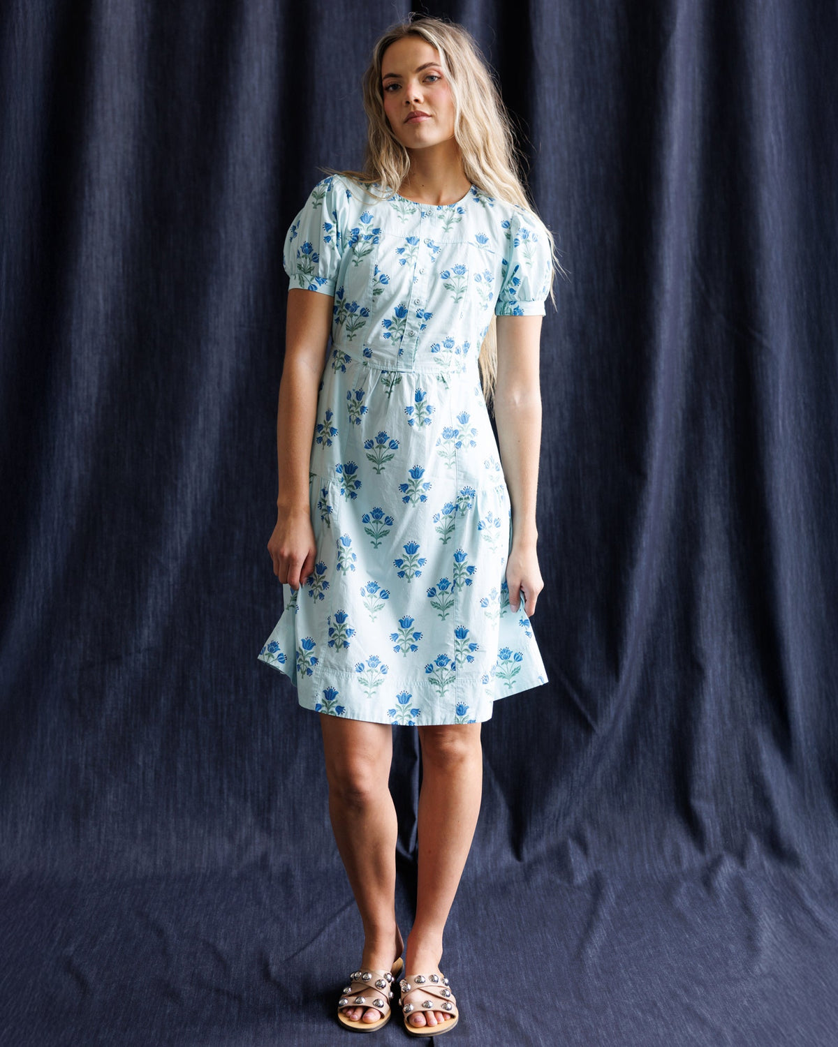Downeast Bluebell Dress featuring a floral pattern, sleeveless design, and flowy fabric ideal for casual or summer wear.