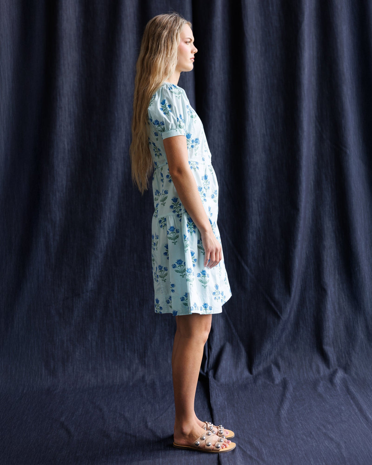 Downeast Bluebell Dress displayed with floral pattern, sleeveless design, and flowy fabric perfect for casual or summer wear.