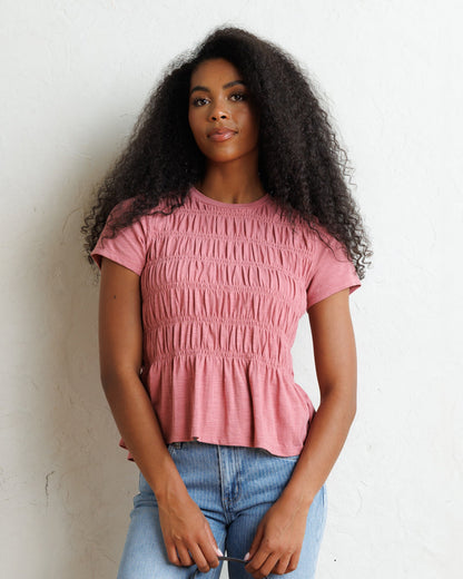 Downeast smocked tee top with ruffled neckline and short sleeves, casual and stylish women's tops.