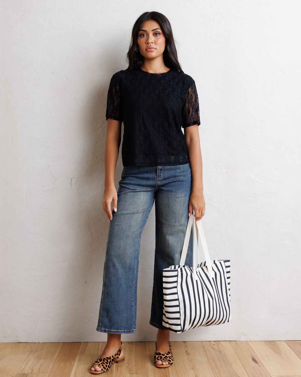 Downeast Laid Back Lace Tee, light blue casual women's top with lace details, short sleeves, and a relaxed fit.