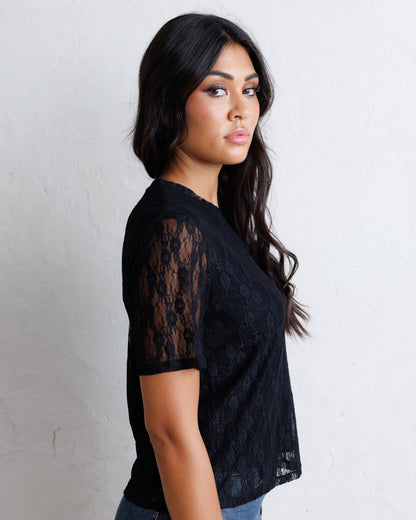 Downeast Laid Back Lace Tee, stylish women's top with lace detailing, shown in a relaxed fit on a flat lay.