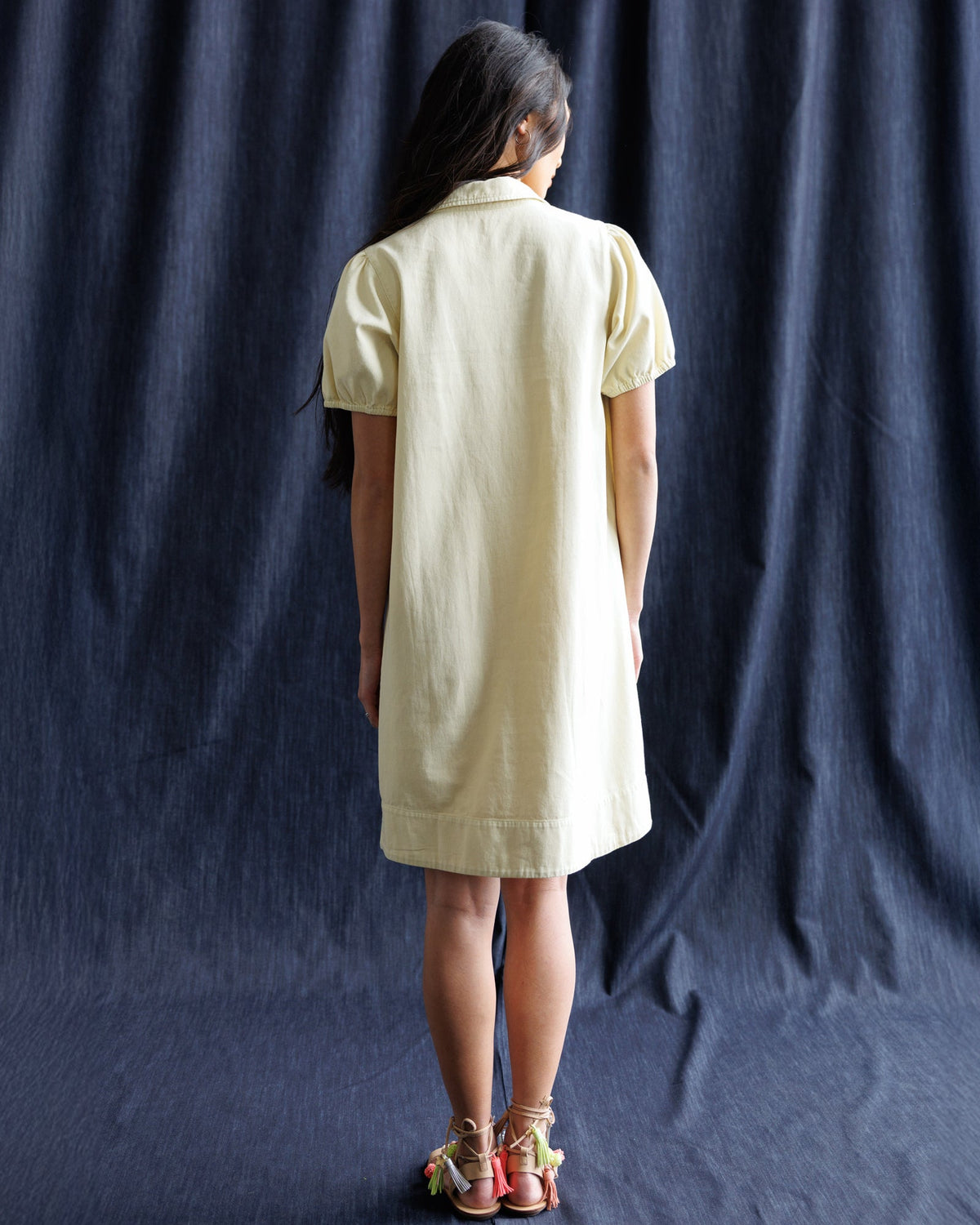 Downeast Demure denim dress featuring a classic fit with long sleeves and button front, styled for casual wear.